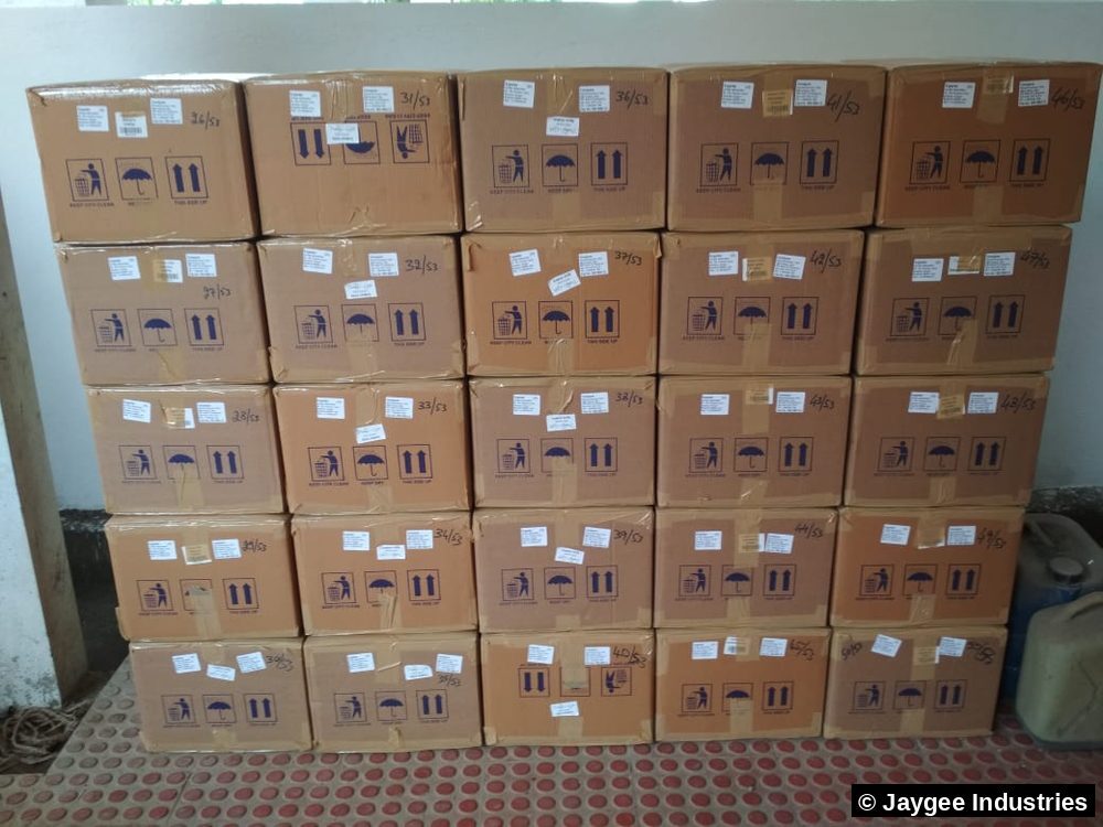 53 numbered and labelled incense cartons stacked in rows for a large domestic order