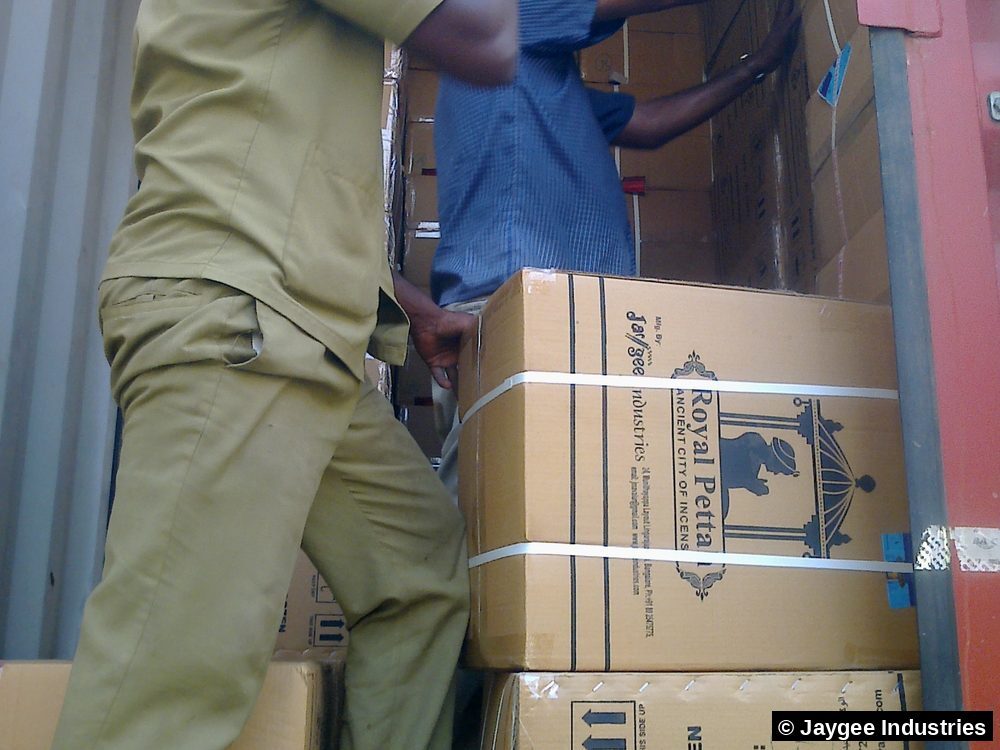 Royal Pettah by Jaygee Industries branded export cartons being loaded into a shipping container