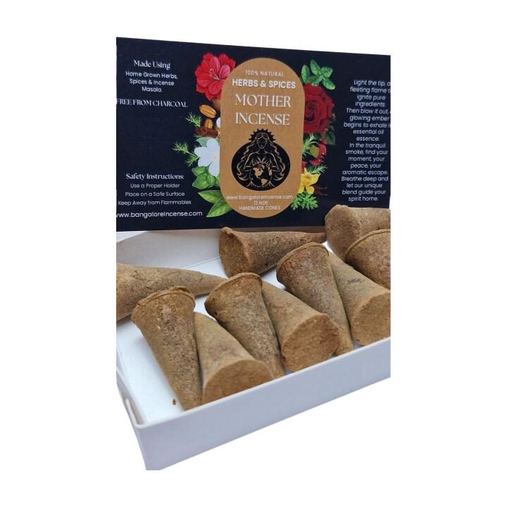 Mother Incense charcoal-free cones — hand pressed from herbs and spices, in open kraft paper box