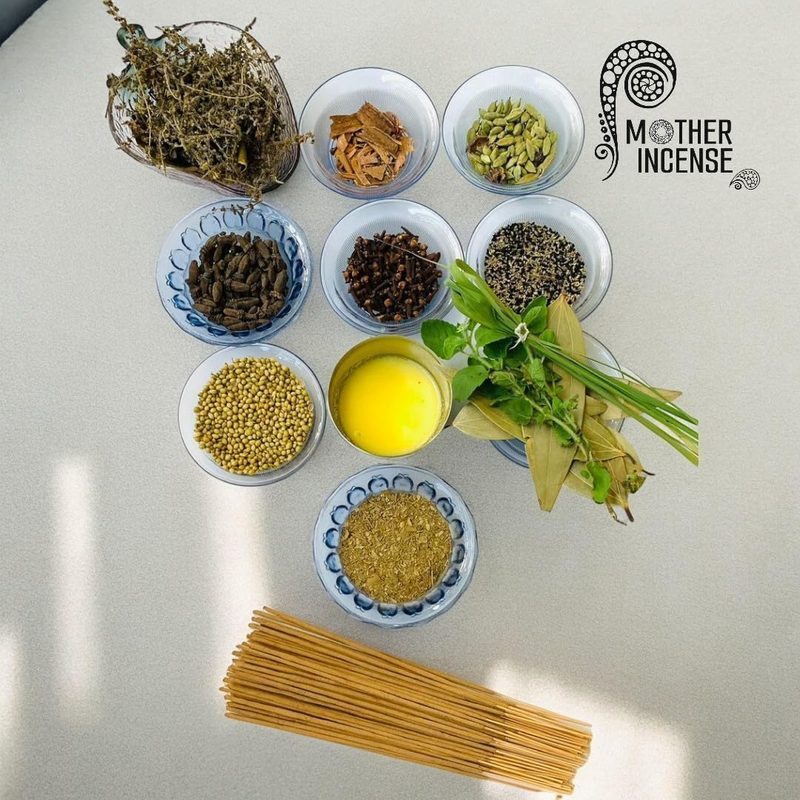 Natural ingredients — herbs, spices and bamboo sticks used in Mother Incense handcraft process