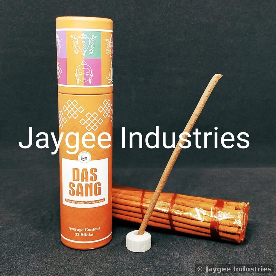 Das Sang Tibetan Incense — orange tube packaging with Tibetan motifs and incense sticks